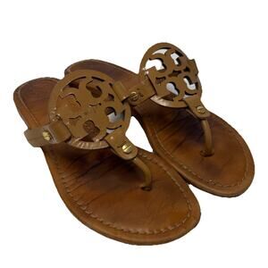 Tory Burch Miller Brown Leather Medallion Flip Flop Sandals Size 7.5 Classic